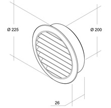 Ilustrație a unei grile de ventilație rotunde cu dimensiunile de 225, 200 și 26 milimetri