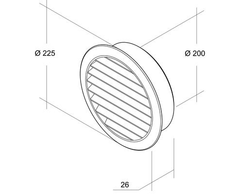 Ilustrație a unei grile de ventilație rotunde cu dimensiunile de 225, 200 și 26 milimetri