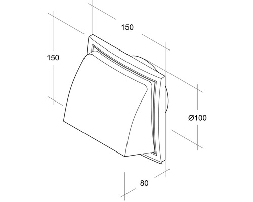 Desen tehnic al unei cutii de perete cu dimensiunile 150 x 150 x 80 mm și un diametru de 100 mm