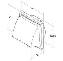 Desen tehnic al unui ventilator de perete exterior cu dimensiunile de 150 x 150 x 80 milimetri și un diametru de 125 milimetri.