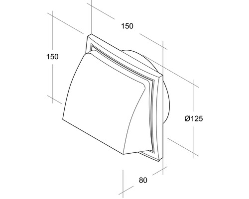 Desen tehnic al unui ventilator de perete exterior cu dimensiunile de 150 x 150 x 80 milimetri și un diametru de 125 milimetri.