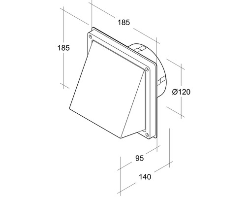 Desen tehnic al unei treceri de perete cu dimensiunile 185 x 185 x 120 mm