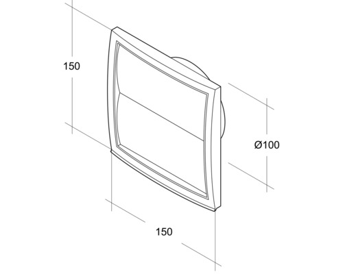 Desen tehnic al unui ventilator de perete cu dimensiunile 150 x 150 mm și un diametru de 100 mm
