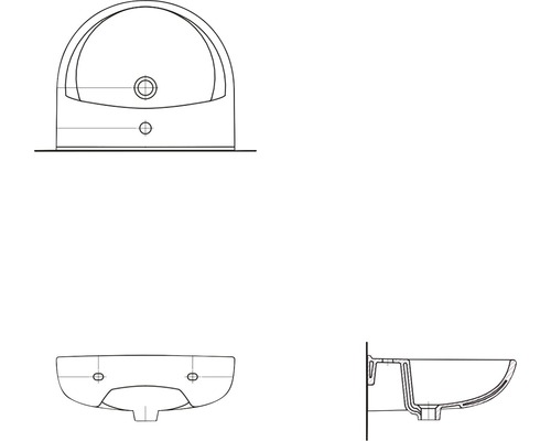 Desen tehnic al unei chiuvete pentru montare pe perete cu vederi din față, de jos și lateral