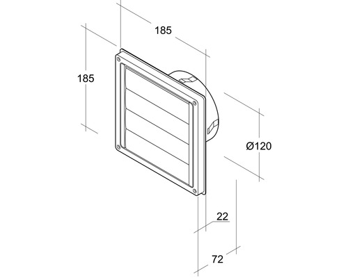 Imagine cu o grilă de ventilație cu dimensiunile de 185 pe 185 milimetri și un diametru al țevii de 120 milimetri.