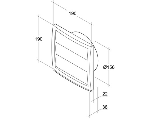 Desen tehnic al unei hote de protecție împotriva intemperiilor cu dimensiunile de 190 x 190 milimetri și un diametru de 156 milimetri