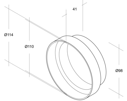 Desen tehnic al unui fiting de țeavă cu diametre de 114 mm, 110 mm și 98 mm și o înălțime de 41 mm