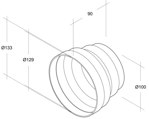 Desen tehnic al unei curbe de țeavă cu diametre de 133 mm, 129 mm și 100 mm și o lungime de 90 mm.