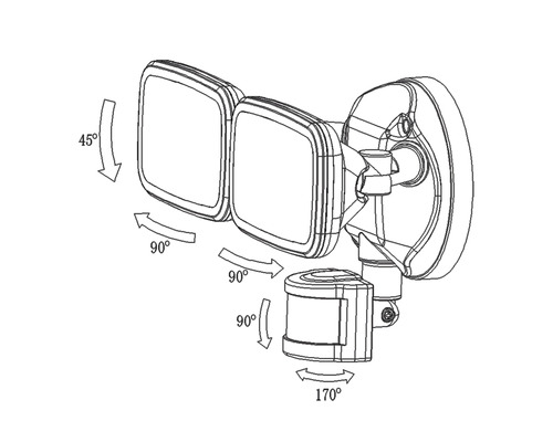 Desen tehnic al unei lămpi de exterior pivotante cu detector de mișcare și unghiuri de lumină reglabile.