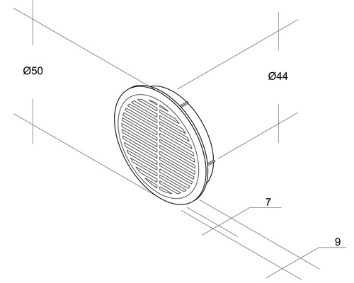 Desen al unui scurgere rotundă cu dimensiunile de 50 mm și 44 mm.