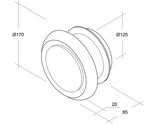 Desen tehnic al unui spot de perete cu dimensiunile diametru 170 milimetri, diametru 125 milimetri, 20 milimetri și 85 milimetri