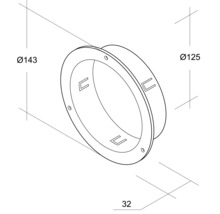Desen tehnic al unui suport de lampă cu dimensiunile de 143 mm în diametru, 125 mm în diametru și 32 mm în adâncime