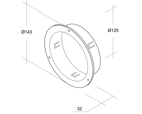 Desen tehnic al unui suport de lampă cu dimensiunile de 143 mm în diametru, 125 mm în diametru și 32 mm în adâncime