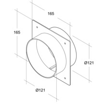Desen tehnic al unei conexiuni de perete cu dimensiunile de 165 x 165 mm și un diametru de 121 mm.