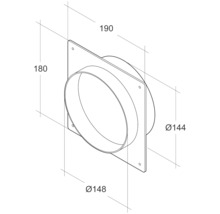 Desen tehnic al unei treceri de perete cu dimensiunile de 190 mm lungime, 180 mm înălțime și un diametru de 144 mm.