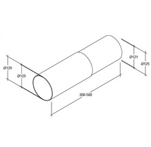 Desen tehnic al unei țevi cu dimensiunile de 300 până la 580 mm lungime, diametrul exterior de 125 mm, diametrul interior de 121 și 129 mm