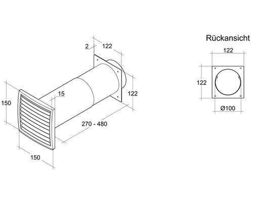 Desen tehnic al unei cutii de perete cu grilaj de protecție împotriva intemperiilor și dimensiuni