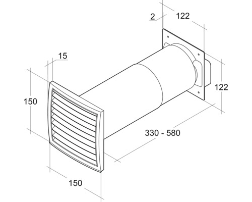 Desen tehnic al unei țevi de trecere prin perete cu grilă de ventilație și indicații de dimensiuni