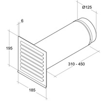 Desen tehnic al unei treceri de perete cu lamele, diametru 125 mm, lungime 310 până la 450 mm