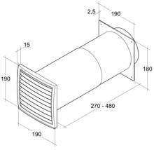 Desen tehnic al unei treceri de perete cu grilă de ventilație și indicații de dimensiuni