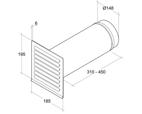 Desen tehnic al unei cutii de perete cu lamele și dimensiuni.