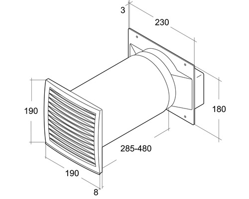 Desen tehnic al unui ventilator de perete cu dimensiuni
