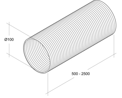 Ilustrație a unui furtun de ventilație flexibil cu diametrul de 100 mm și lungimea de 500 până la 2500 mm.