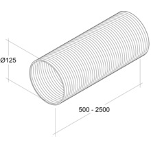 Furtun flexibil de ventilație cu un diametru de 125 mm și o lungime de 500 până la 2500 mm.