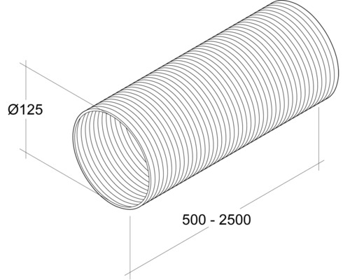 Furtun flexibil de ventilație cu un diametru de 125 mm și o lungime de 500 până la 2500 mm.