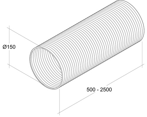 Imagine a unei conducte flexibile cu un diametru de 150 mm și o lungime de 500 până la 2500 mm.