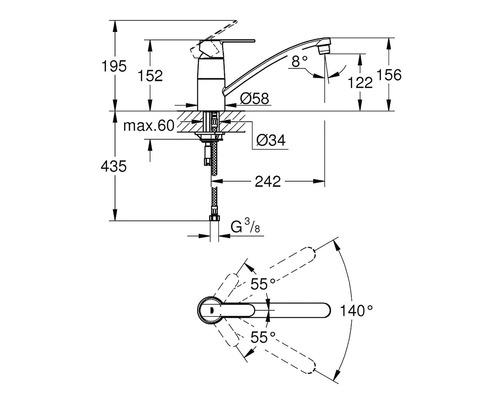 Desen cotat al unei baterii de bucătărie cu indicații de dimensiuni
