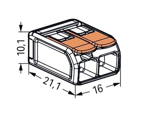 Desen al unei cleme de conexiune cu dimensiunile 10,1 mm, 21,1 mm și 16 mm.