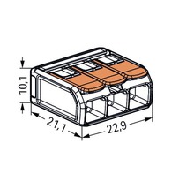 Bornă de conectare tripolară cu dimensiunile 10,1 x 21,1 x 22,9 milimetri.