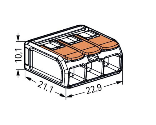 Bornă de conectare tripolară cu dimensiunile 10,1 x 21,1 x 22,9 milimetri.