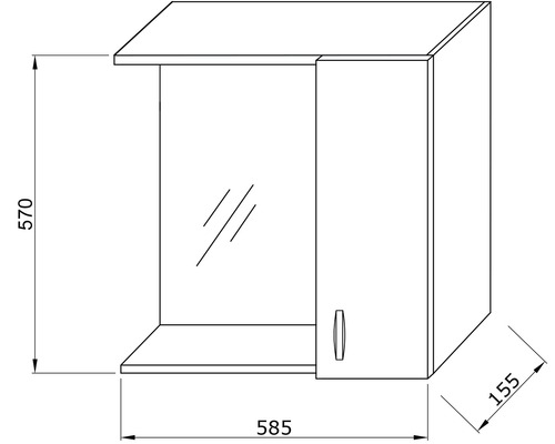 Desen tehnic al unei oglinzi cu dulap cu indicații de dimensiuni.