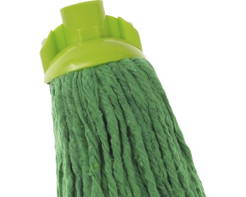 Vizualizare detaliată a unui mop verde de bumbac cu cap din plastic