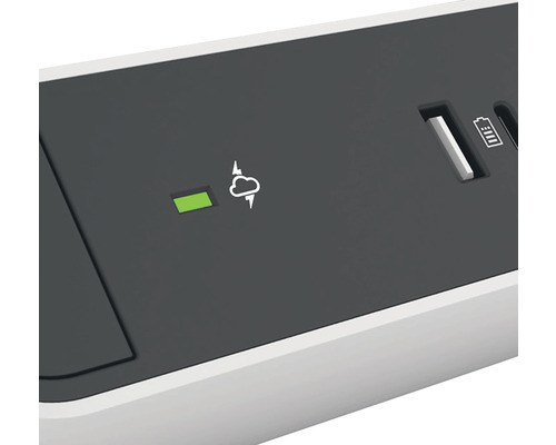 Detaliu al unei prelungitoare cu simbol de protecție la supratensiune și porturi USB