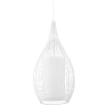 Lumină suspendată albă cu abajur din sârmă și difuzor din material textil