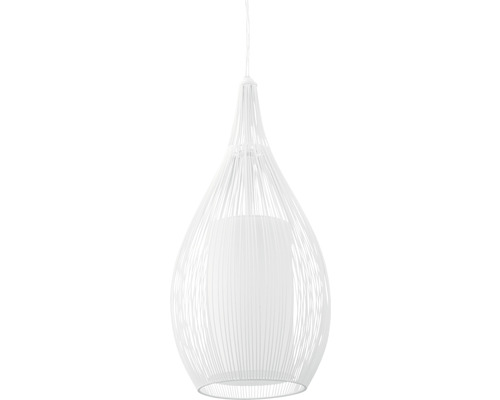 Lumină suspendată albă cu abajur din sârmă și difuzor din material textil