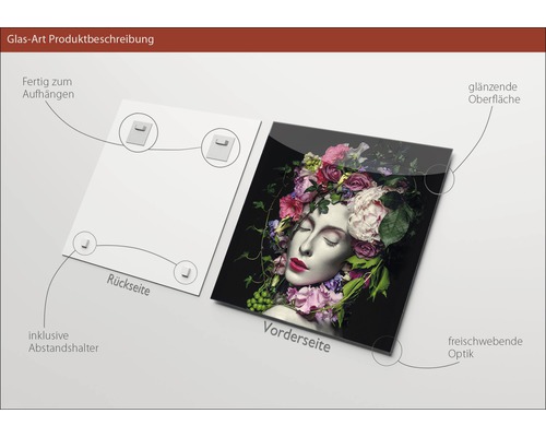 Imagine din sticlă cu o femeie cu flori, inclusiv distanțier, suprafață lucioasă și suspensie