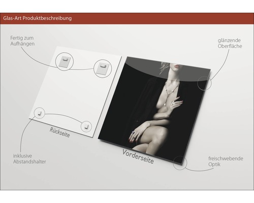 Tablou din sticlă cu o imagine a unei femei, inclusiv distanțiere și suspensie