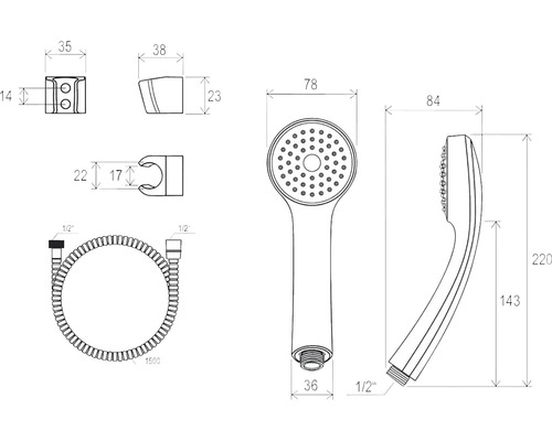 Desen tehnic al unui duș de mână cu furtun de duș și suport cu dimensiuni
