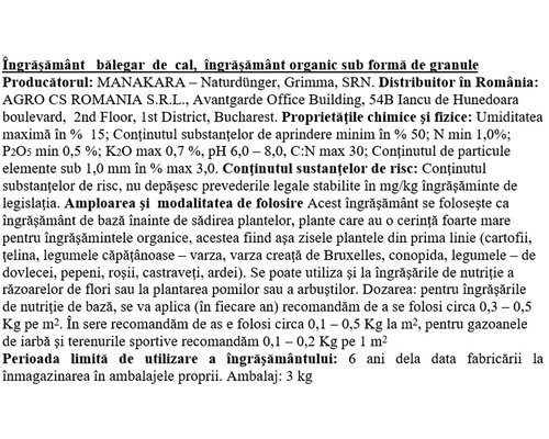 Text cu informații despre un îngrășământ organic sub formă de granule.