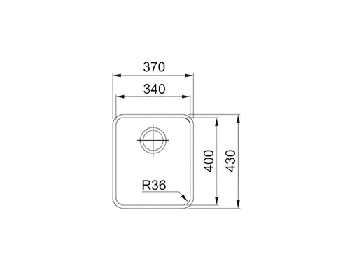 Desenul unei chiuvete cu dimensiunile 370, 340, 430 și 400.
