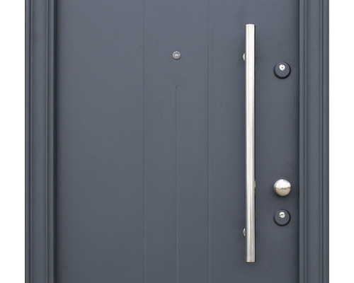 Prim-plan cu o ușă de intrare cu bară de mâner, buton de ușă și vizor