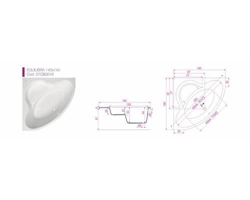 Desen tehnic al unei căzi de colț cu dimensiuni