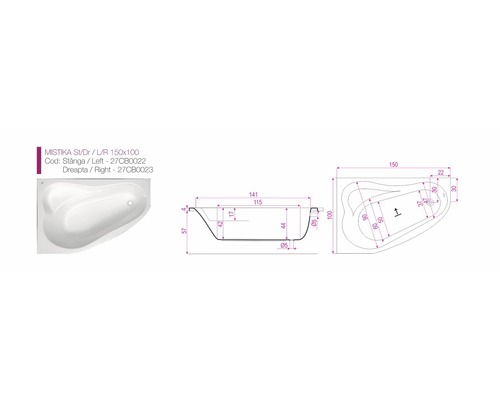 Desen tehnic cu o cadă de colț albă cu dimensiunile 150x100