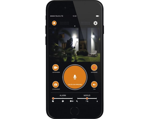 Smartphone cu afișarea unei aplicații de cameră de securitate care arată un hoț