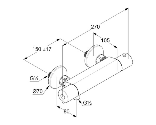 Desen tehnic al unei baterii de duș cu dimensiuni