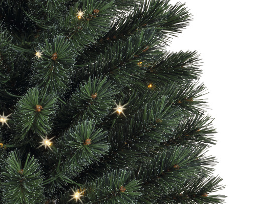 Prim-plan cu un brad de Crăciun decorat cu luminițe.